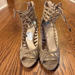 Franco Sarto Lace-Up Open-Toe Heels in Taupe
